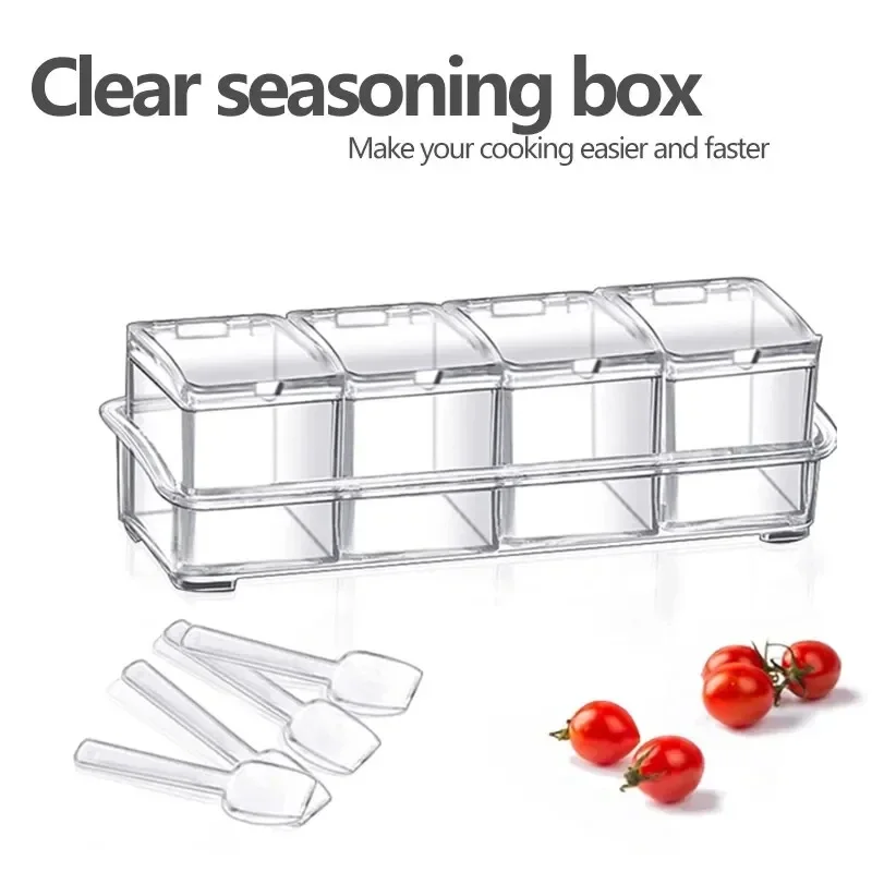 4 Pieces Kitchen Clear Seasoning Box Storage Container Condiment Jars Acrylic Seasoning Box with Cover and Spoon