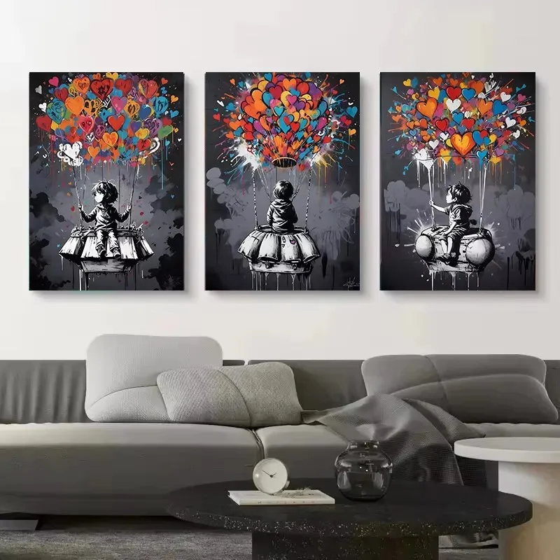 Street Graffiti Posters Print Children\'s Hot Air Balloon Love Canvas Painting Cartoon Pop Wall Art Picture Home Kid Room Decor