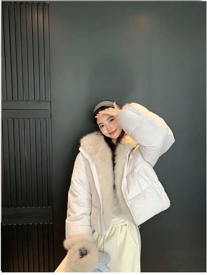 Korean Women's Short Puffer Jacket with Large Fur Collar Women Loose Thick Padded Cotton Coats Female Solid Casual Zipper Parkas