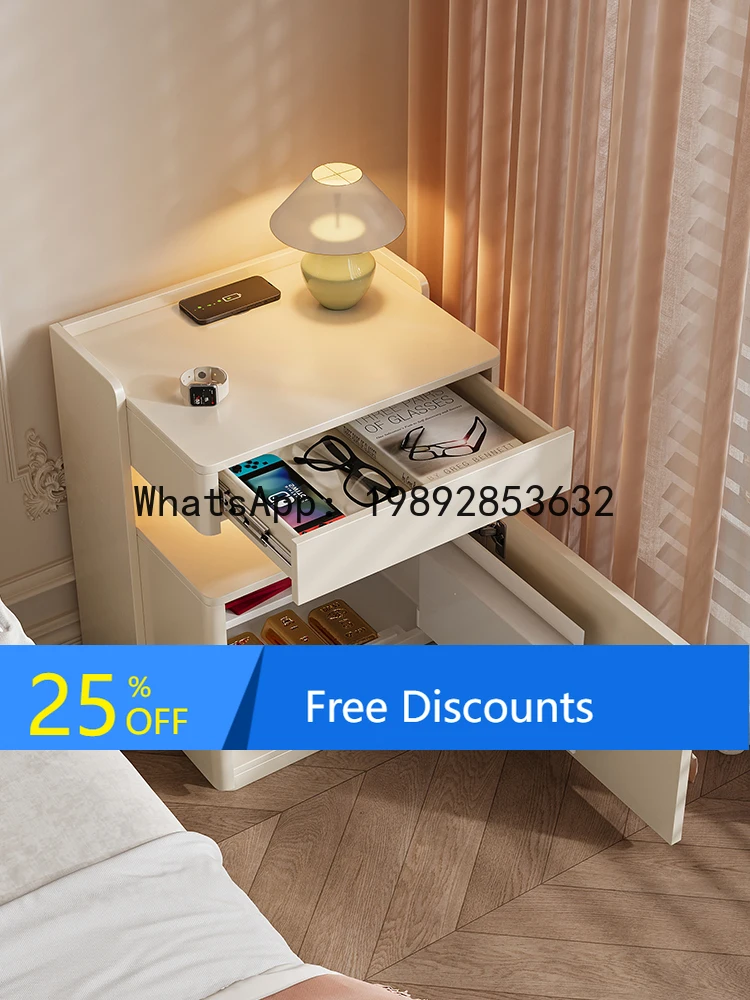 YFY Cream Style Solid Wood Bedside Cabinet with Integrated Safe for Small Bedrooms Smart Bedside Cabinet