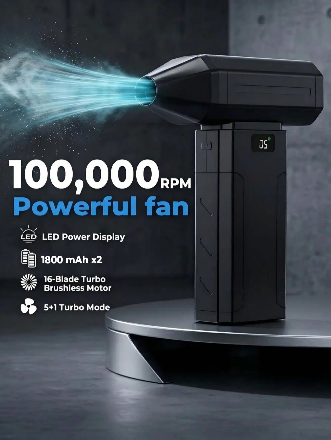 Handheld Turbo Jet Fan, 100000 RPM Portable Electric Air Duster, 5+ Speed Adjustable Blower with Multi-Mode White LED Light, Type-C Rechargeable for Car Cleaning, Engine Bay, Filter, Outdoor Gear Dust Removal