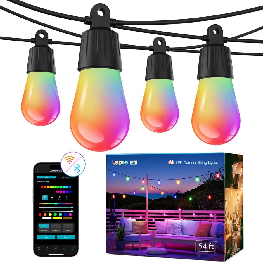 ZB1 AI Smart Outdoor String Lights APP Control، 544212 قدم RGBICWarm White Outdoor Lights 15 LED Bulbs، Alexa Google Home Enable،