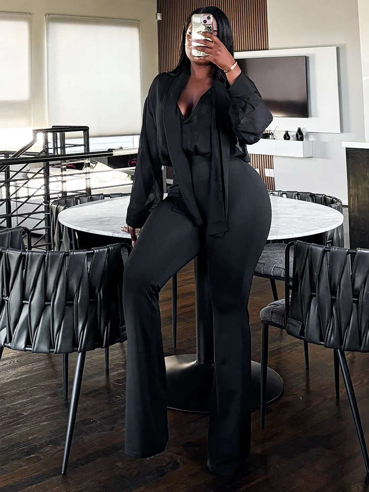 Nibber Slim 2-teiliges Set für Damen, Netzstoff, V-Ausschnitt, Band, dünnes Hemd + Schlaghose, passende Hottie, schlichtes, elegantes Büro-Stretch-Outfit