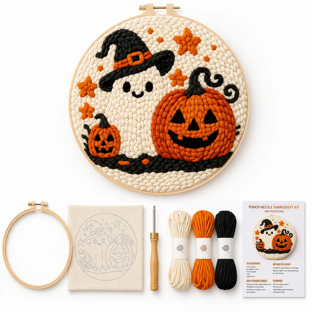 Cute Ghost Witch Hat Pumpkin Handmade DIY Holiday Wall Table Decoration Halloween Ghost Pumpkin Punch Needle Embroidery Kit