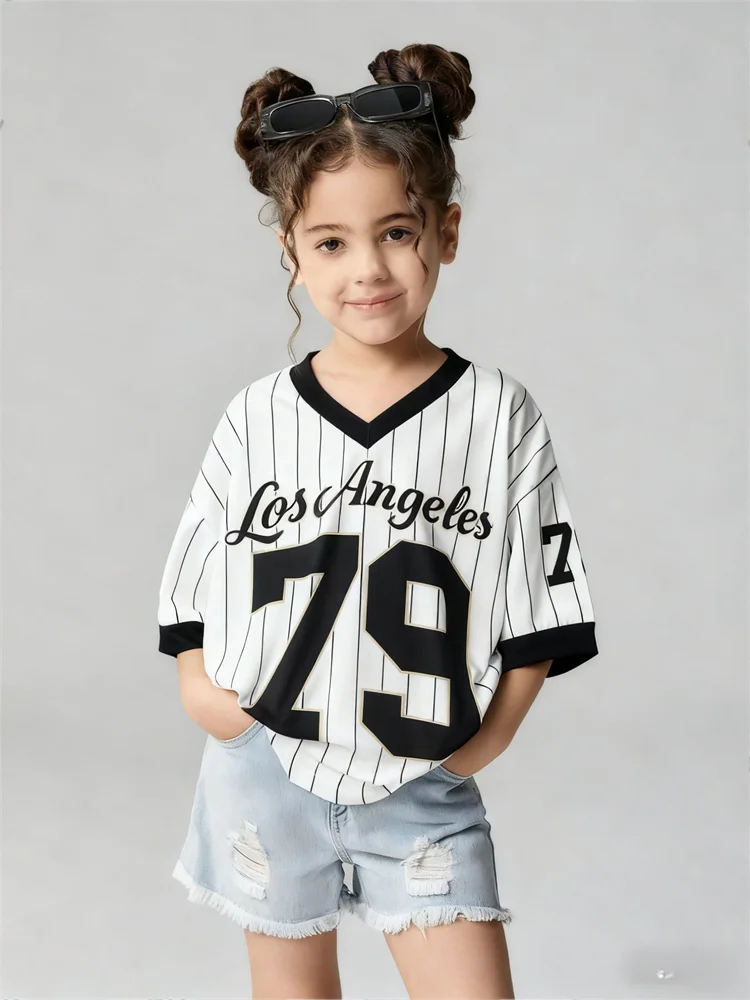 Women/Girls Casual Sports Style Los Angeles NO.79 Pattern Color Block Print Short Sleeve V-Neck Women's Children T-shirt Tops