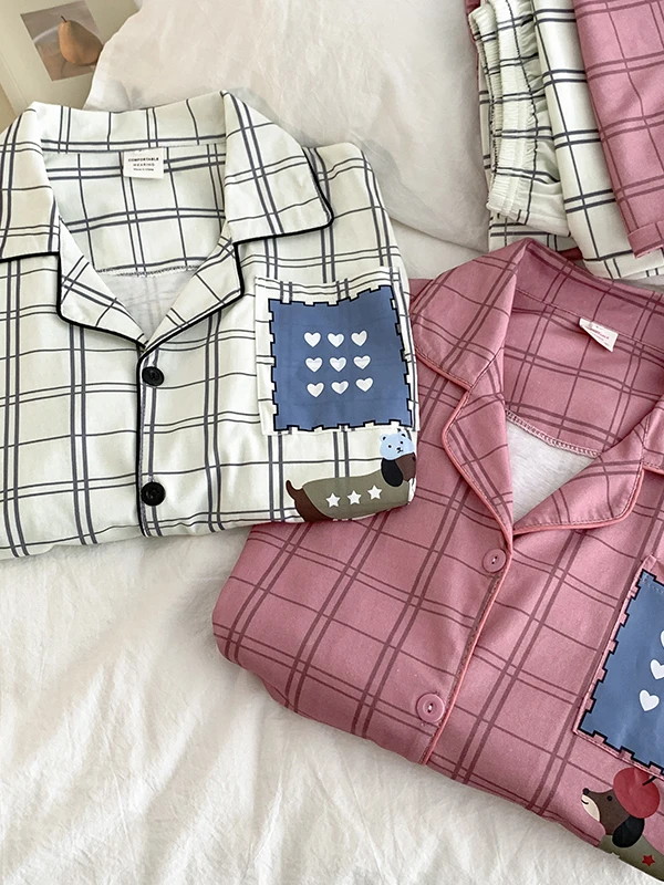 

Весна 2026: Новинка! Комплект домашней одежды для пар из 100% хлопка с длинным рукавом, в клетку, с принтом «Сердечки и собачки», мужской фасон.