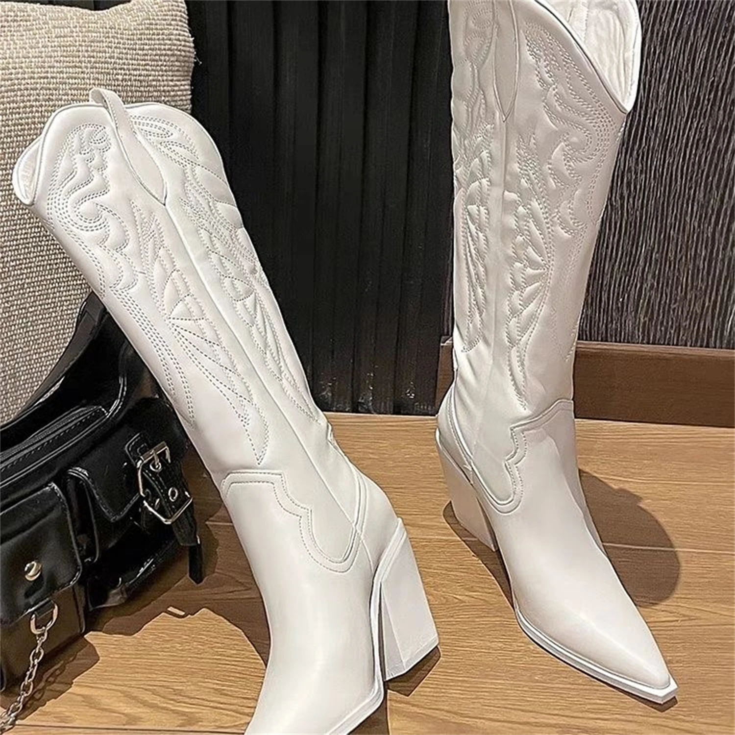 White Black Long Santiag Embroidery Autumn Winter Pointed Toe Texana Knee High Heels Women Western Cowboy Boots