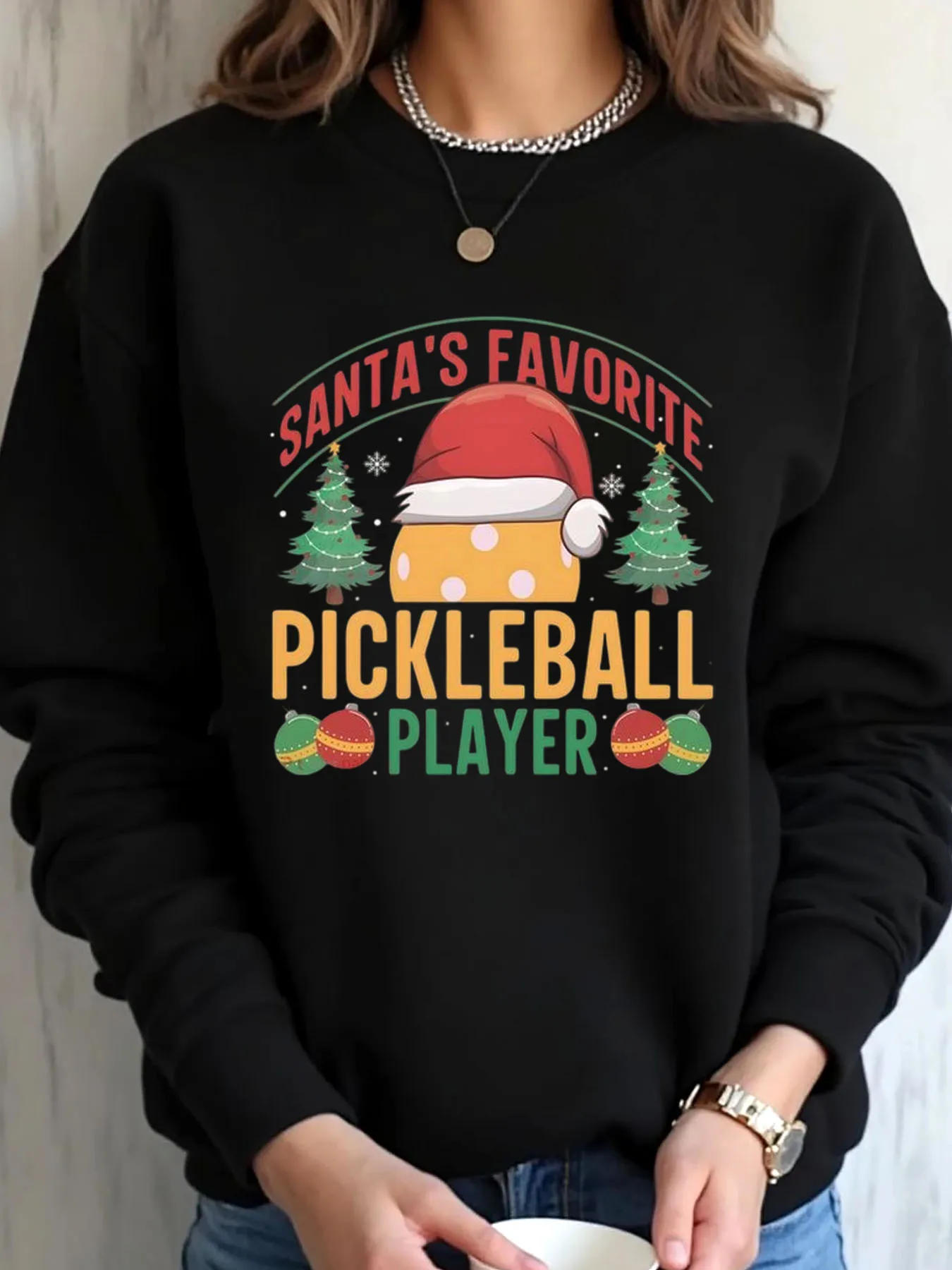 

Женская толстовка большого размера с рождественским Санта-улюблением и принтом пиклболиста, верхняя одежда