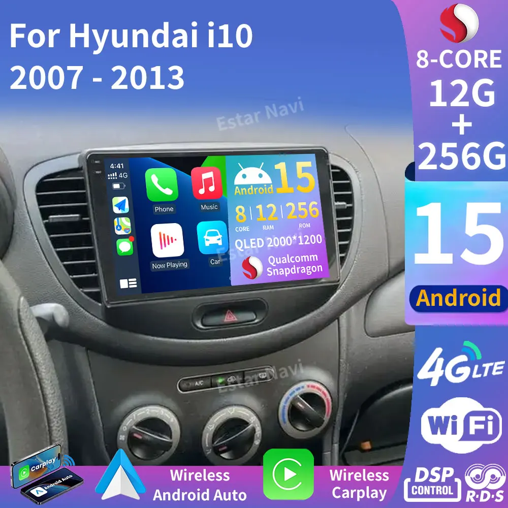 أندرويد 15 Carplay اللاسلكية لشركة هيونداي I10 2007 - 2013 الملاحة الصوتية فيديو DSP الوسائط المتعددة السيارات 5G WIFI Player رئيس وحدة 2din
