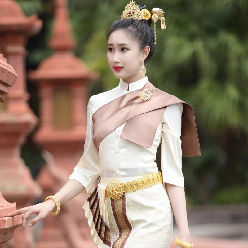 New Thailand Traditional Clothing Women's Thai Outfits Tops Skirt Shawl Elegant Photography Restaurant Welcome Work Uniform