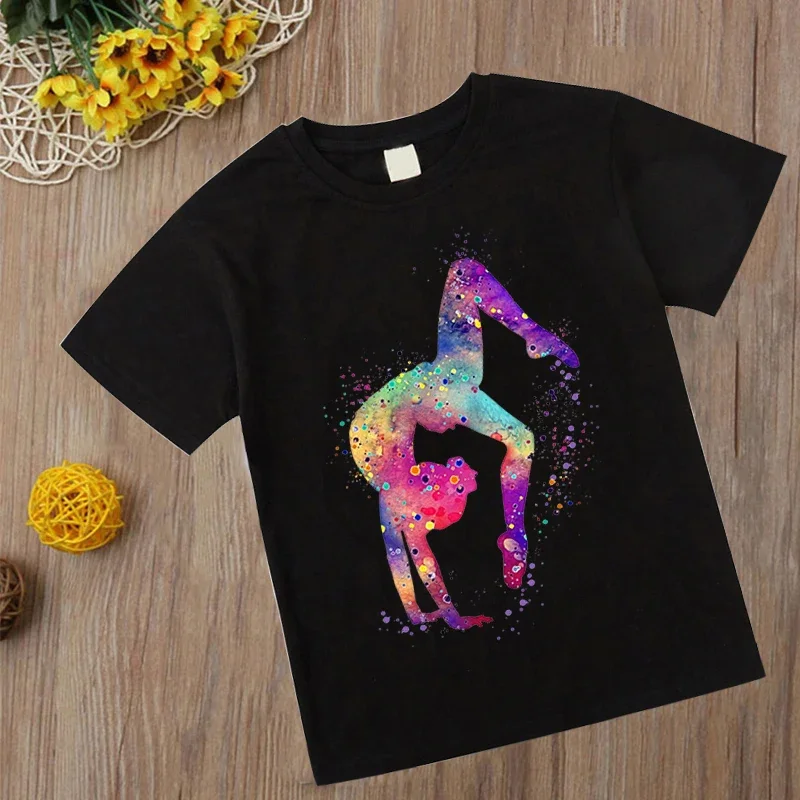 Watercolor Gymnastics T Shirt New Kids Girl Tshirt Kawaii gymnastics art Top Tee Fashion Children Clothes Cartoon Black T-shirts