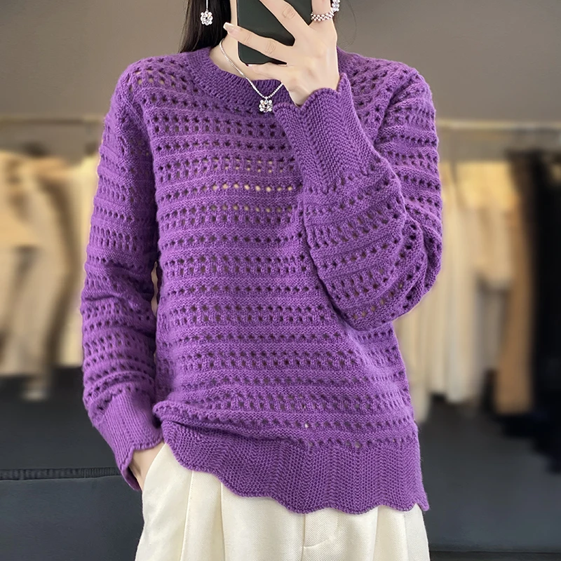 Women's spring and autumn pullover sweater hollowed out 100% merino wool solid color O-neck cashmere fashion sweater blouse