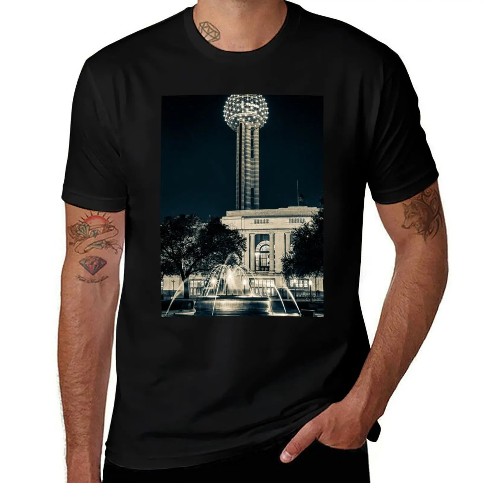 

Ferris Plaza Fountain And Reunion Tower In Sepia - Dallas Texas T-Shirt Funny t-shirts oversized graphic tee cotton t shirt men