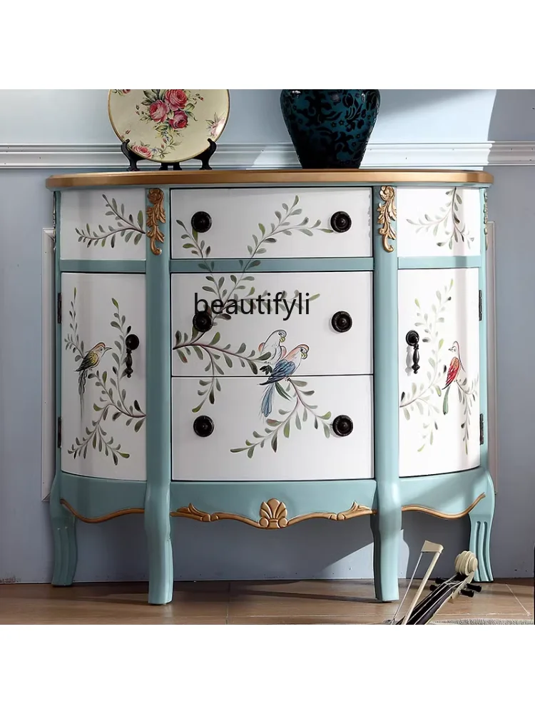 American Retro Painted Three-Bucket Cabinet Solid Wood Half round Cabinet Mediterranean Entrance Cabinet Locker furniture