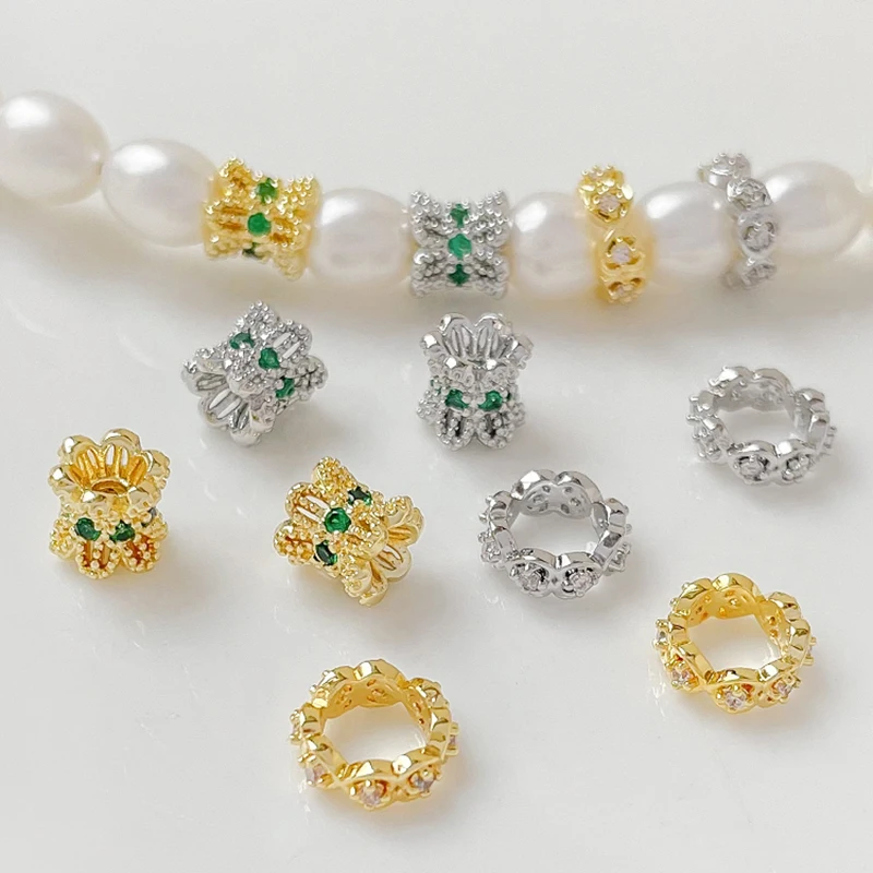 6pcs Diy Bracelet Necklace Beaded Accessory Materials With Gold-plated Copper Zircon Inlaid Small Waist Beads