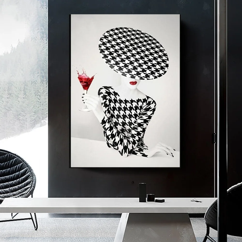 

Fashion Woman Drinking Cocktail Poster Prints For Living Room Home Decor Modern Houndstooth Dress Girl Canvas Painting Wall Art