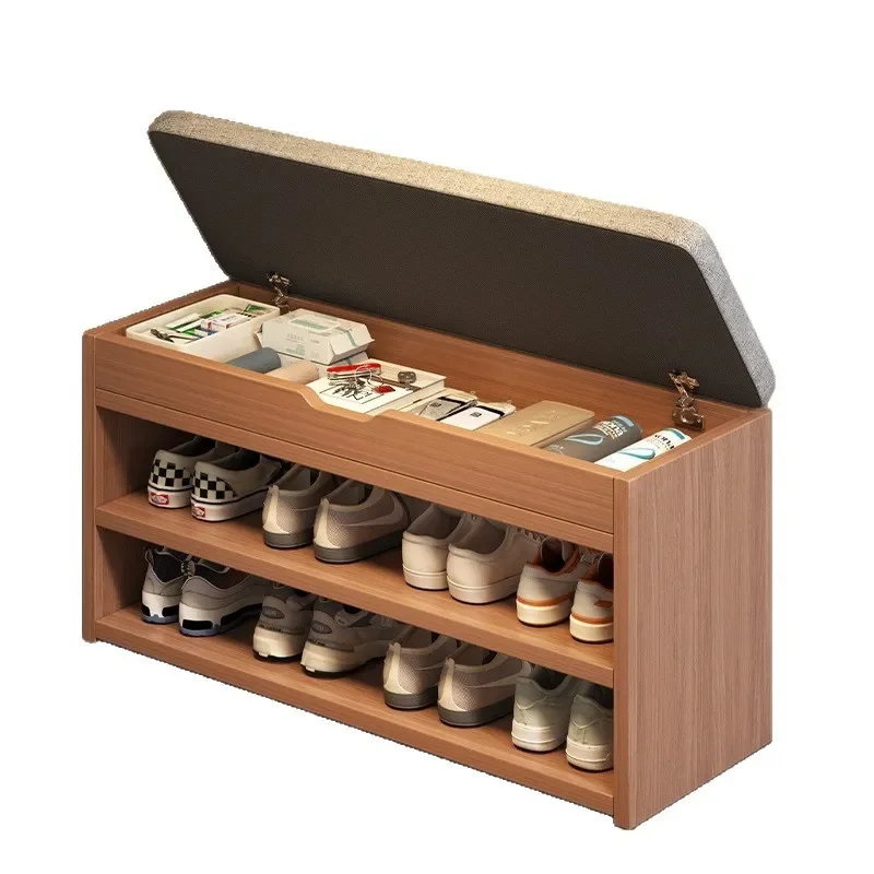 Narrow Entryway Shoe Rack with Integrated Stool Multi Layer Storage Cabinet for Indoor Doorway Space Saving Bench