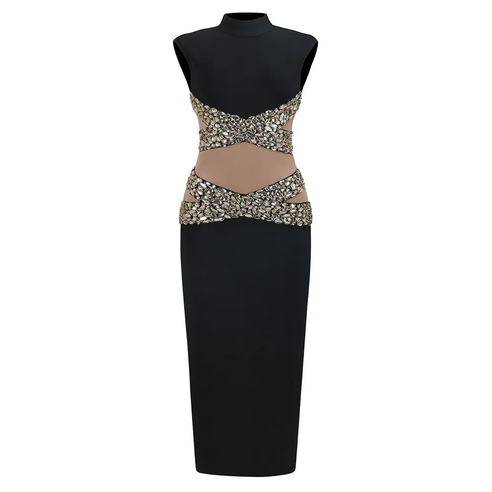 New Arrival Women Sleeveless Sexy O-Neck Big Crystal Keyholes Bodycon Bandage Long Dress Fashion Celebrate Evening Party Outfit