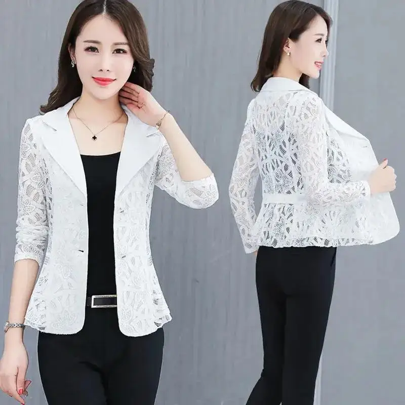 2024 Fashionable Lace Women Spring Summer Hollow Cardigan Sunproof Tops Long Sleeve Large Size M-5XL Suit jacket Versatile Z1022