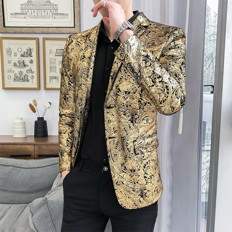 Main Push Explosive New Hot Gold Pattern Personality Suit Men\'s Suit Casual + Loose + Party + Wedding Large Size Trend Coat