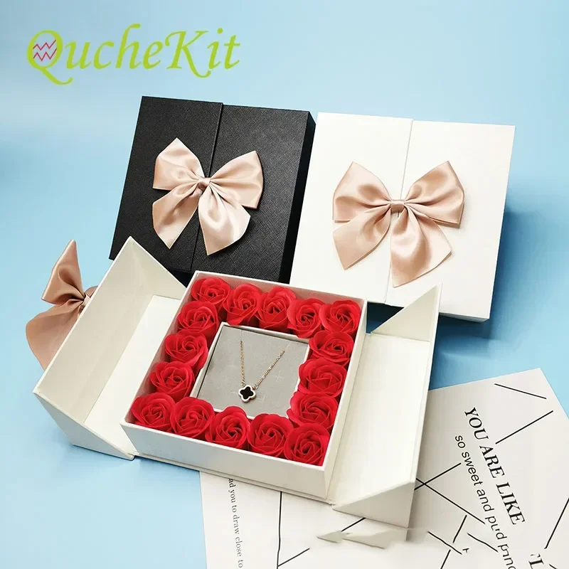 Bowknot Gift Box Artificial Rose Flower Box Jewelry Packaging Wedding Valentines Day Christmas Party Mothers Day Girl Gift Wrap