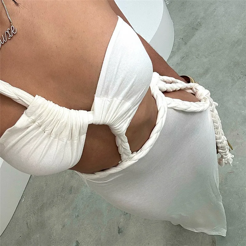 

2024 Summer Sexy Backless Split Irregular Long Dress Women Solid White One Shoulder Sleeveless Hollow Bandage Spicy Girls Robe