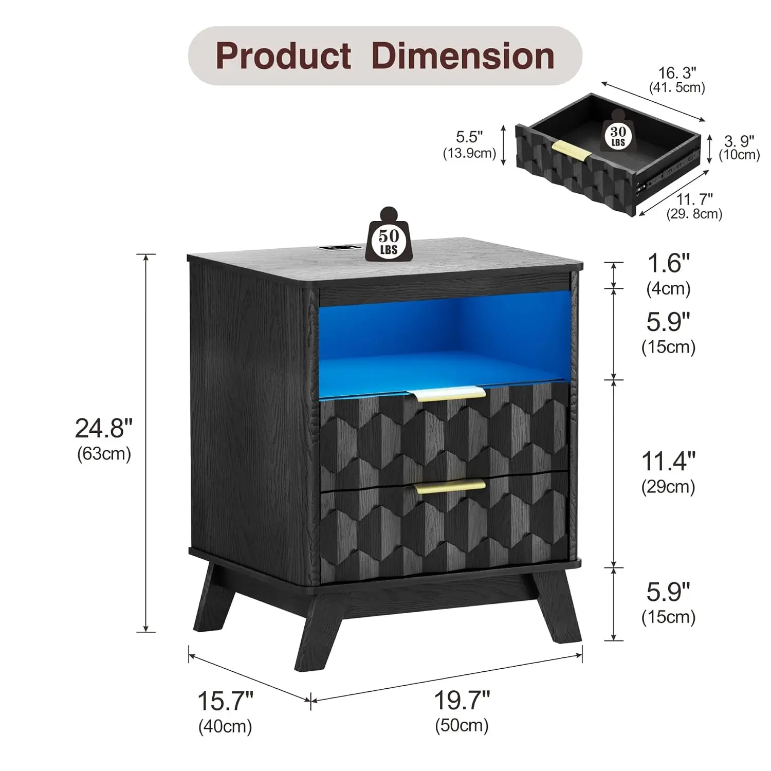 LED Nightstand with Auto Sensor & USB/Type-C Charging for Bedroom, Black, Customized