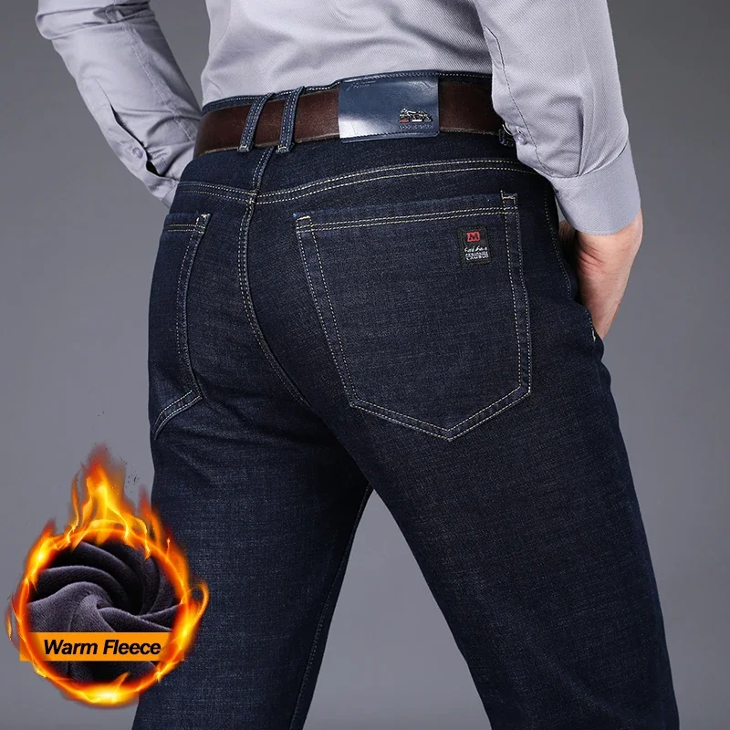 

2025 зимние теплые мужские джинсы, флисовые утолщенные эластичные прямые деловые повседневные джинсовые брюки, удобные плюшевые бархатные брюки
