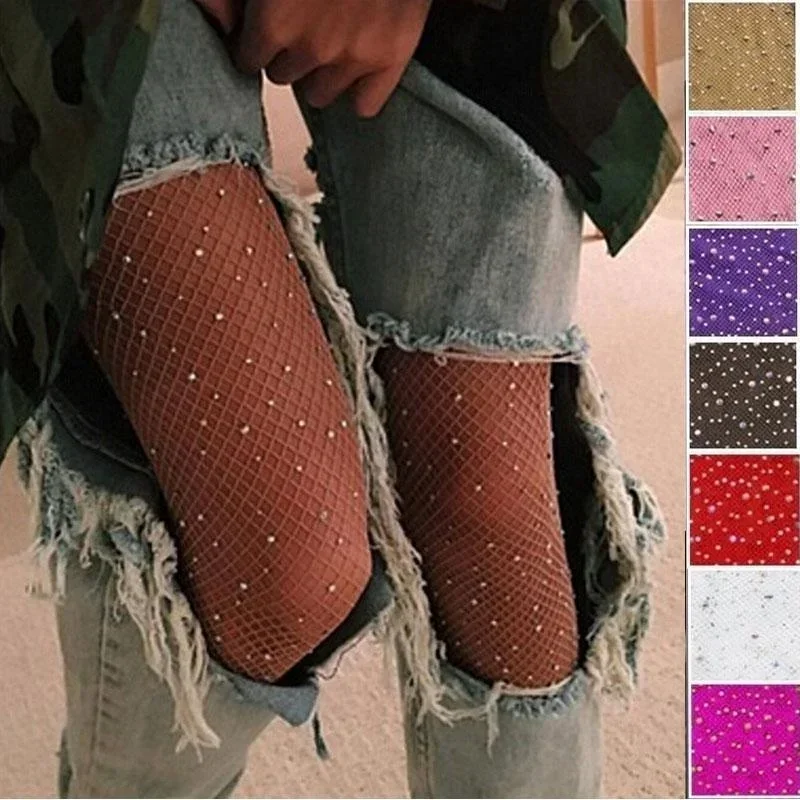 Fishnet เพชร Pantyhose ผู้หญิงแฟชั่นเงาสุทธิ Tights หญิง Slim Rhinestone ตาข่ายไนลอนถุงน่องถุงน่อง