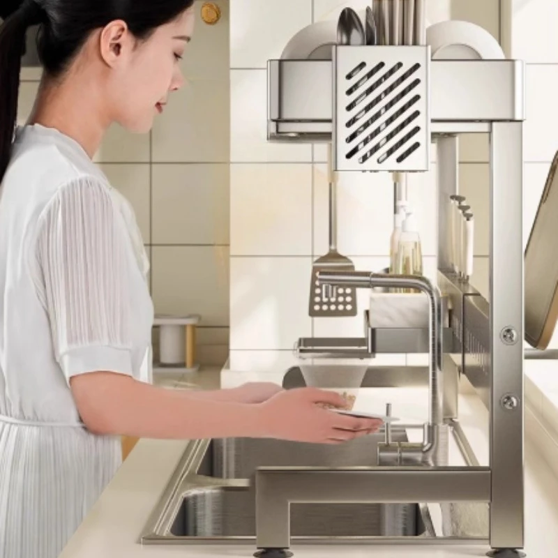 

Регулируемая сушилка для посуды над раковиной, подставка для сушки посуды из нержавеющей стали, органайзер для кухонной утвари с автоматическим сливом воды