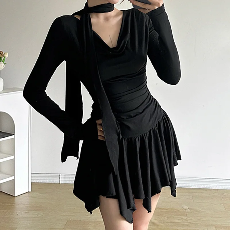 New Swinging Collar Scar Slim Fit Spicy Girl Shrinking Waist Fold Dress