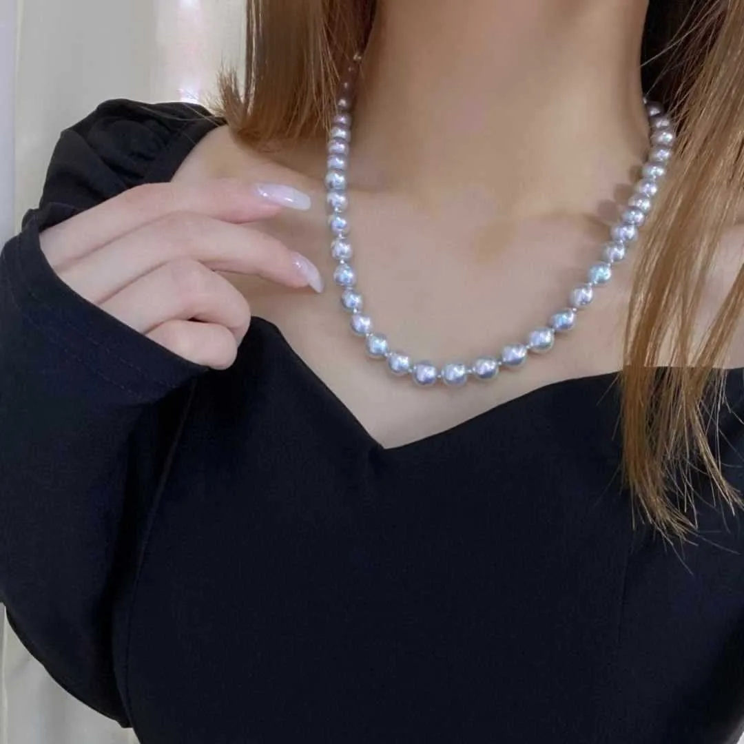 Aurora 8‑9mm Natural Seawater Akoya Pearl Necklace Slight Baroque Gray‑White Color Slight Blemish Women Jewelry