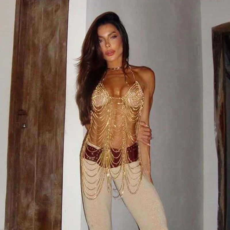 Damenkleid Gold Ganzkörper-Kettenkleid Sexy Neckholder-BH Körperketten-Set Nachtclub Party Bikini Cover-Up Schmuck Damenbekleidung – Detail 4
