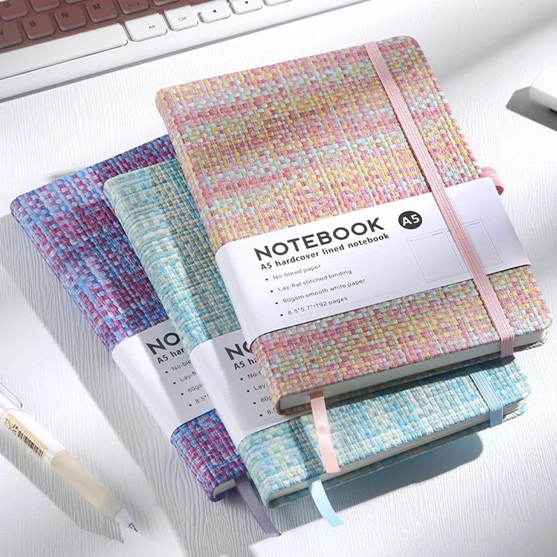 A5 Notebook Imitation Linen Hard Cover With Elastic Band 192 Pages Lined Paper Student Diary Planner Cute Stationery