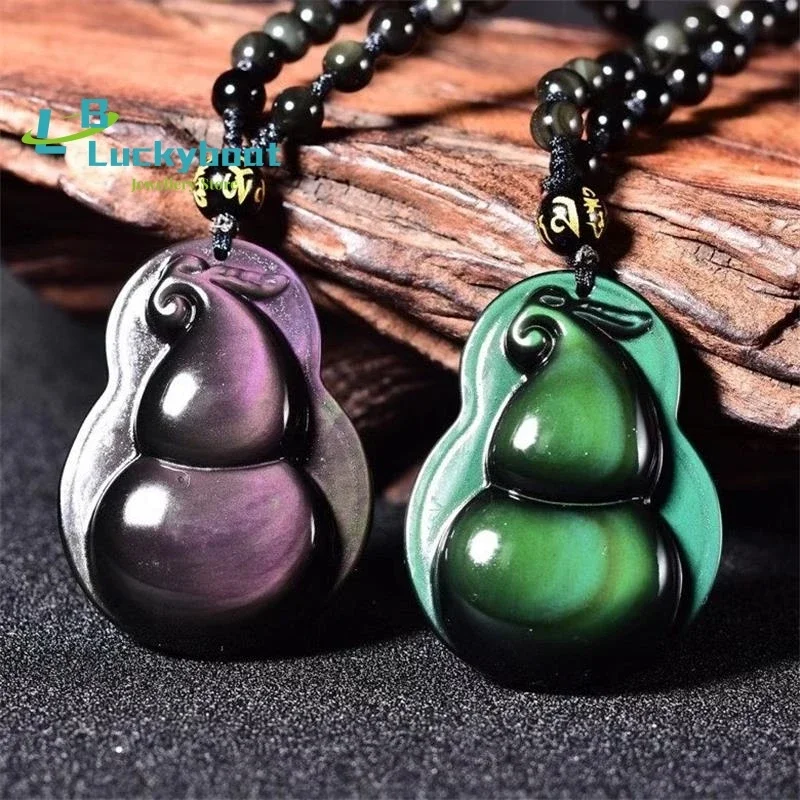 

Кулон из тыквы с натуральным радужным обсидином и резьбой по глазу + цепочка из бисера, ожерелье, счастливый амулет, мужские и женские украшения для подарка, капля