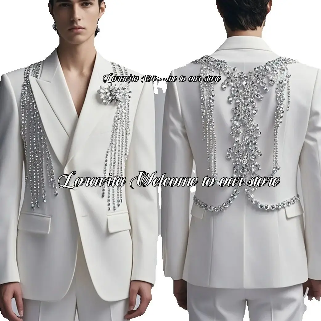 

Luxury Crystal Beading Men Suits For Wedding Groom Tuxedos Customized 2 Piece Set Formal Male Prom Party Blazers terno masculino