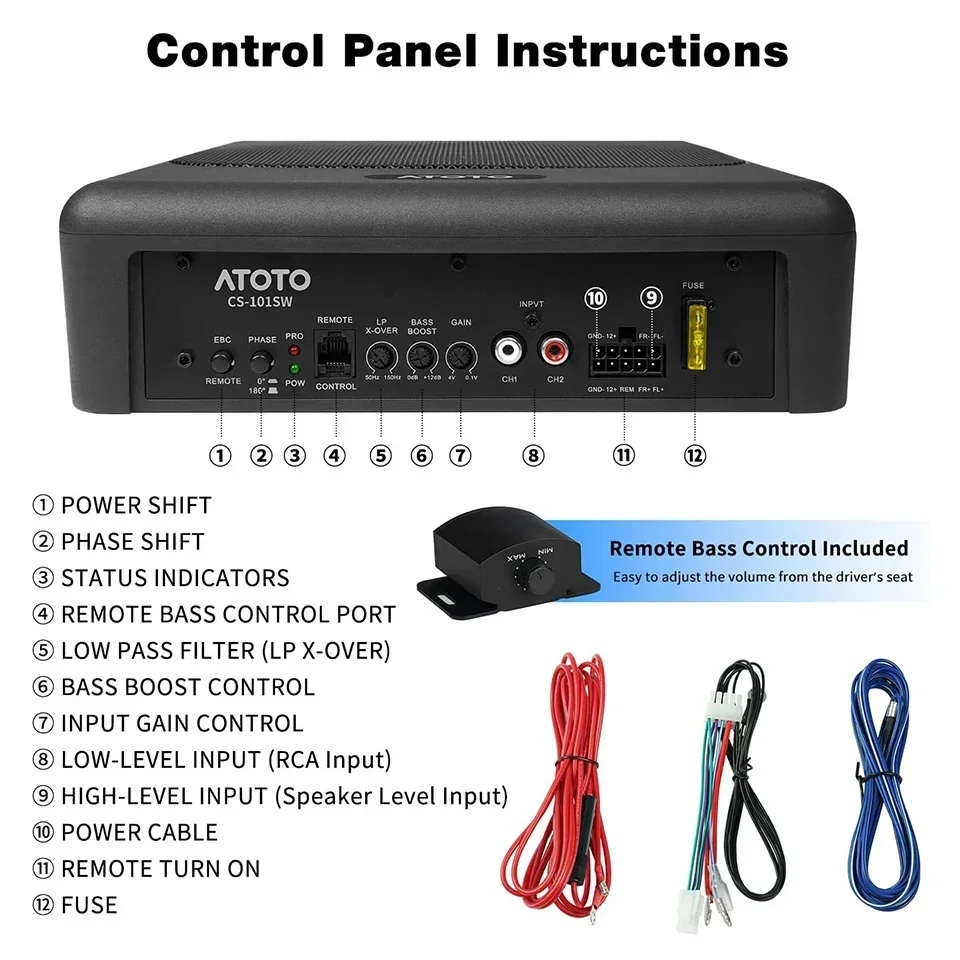 ATOTO CS-101SW 10" Active Powered Car Subwoofer 400W Deep Bass Speaker Amplified Car Audio Woofer with Amp High Low Level Input