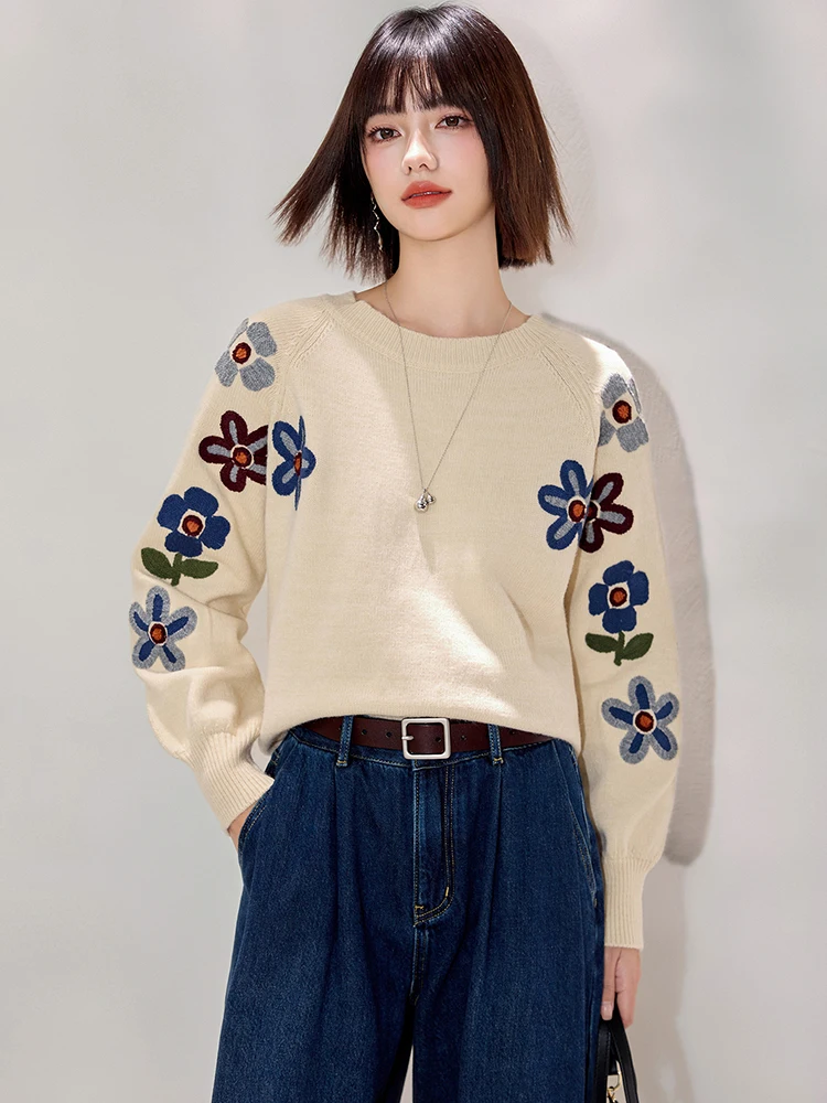 Women Beige Sweater Autumn Winter Floral Embroidered Pullover Knitted O-neck Button Long Sleeve Soft Top Female SW017