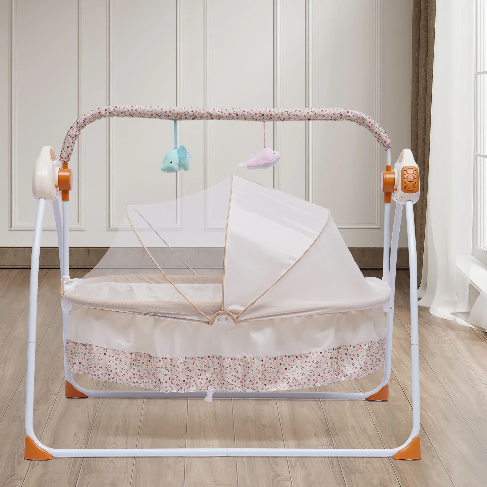 Cradle Swing Sleeping Bed Auto Rocking Chair Bed Swing 5 Speed Stand Baskets Musical Sleeping Basket Khaki