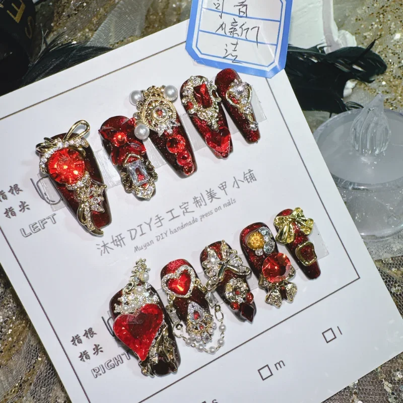 

Handmade Press on Nails, Red, Gold, New Year's Diamond Jewelry, Luxury, Sparkling, Niche Beauty, High Quality, 10Pcs