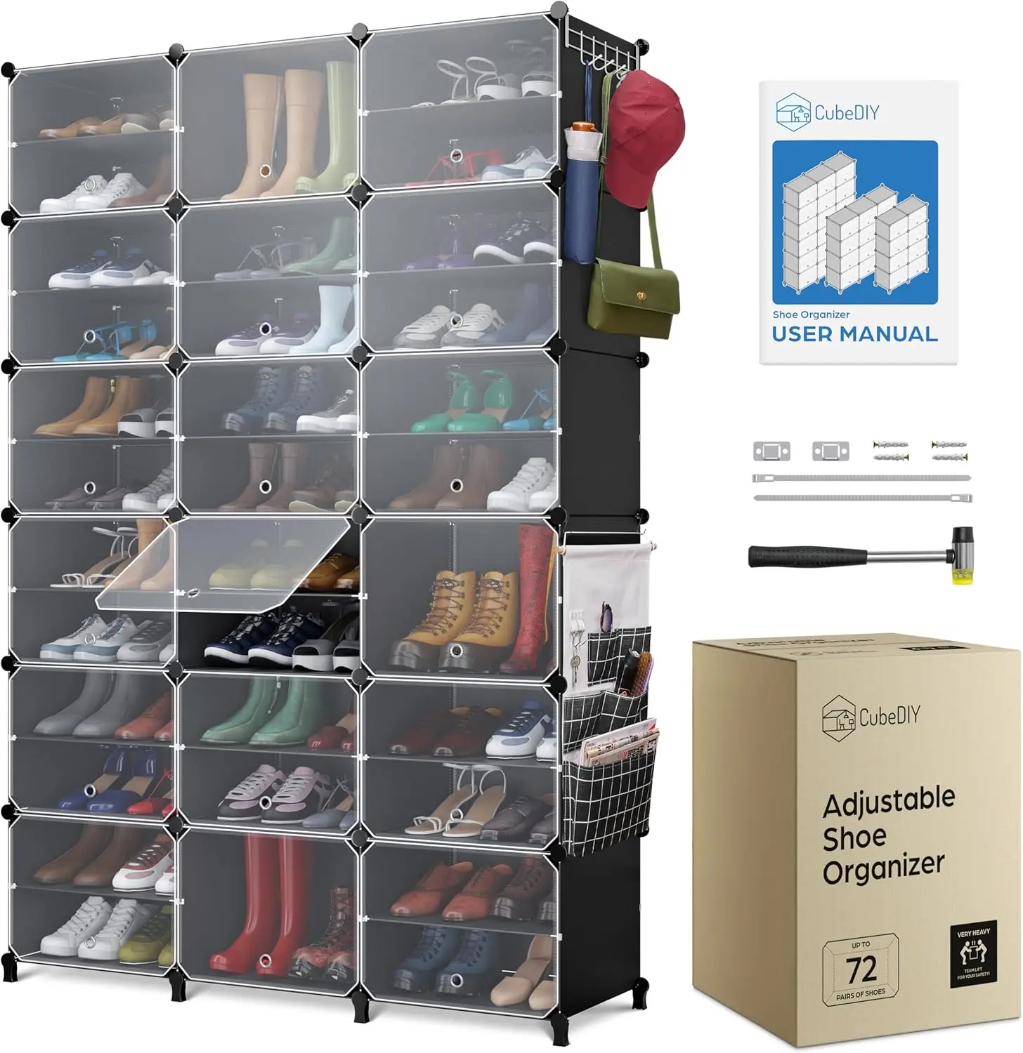 

Shoe Organizer Cabinet Up to 72 Pairs, Shoe Closet-Portable Closed Shoe Rack with See-Through Door (Clear, Plastic, Stackable)