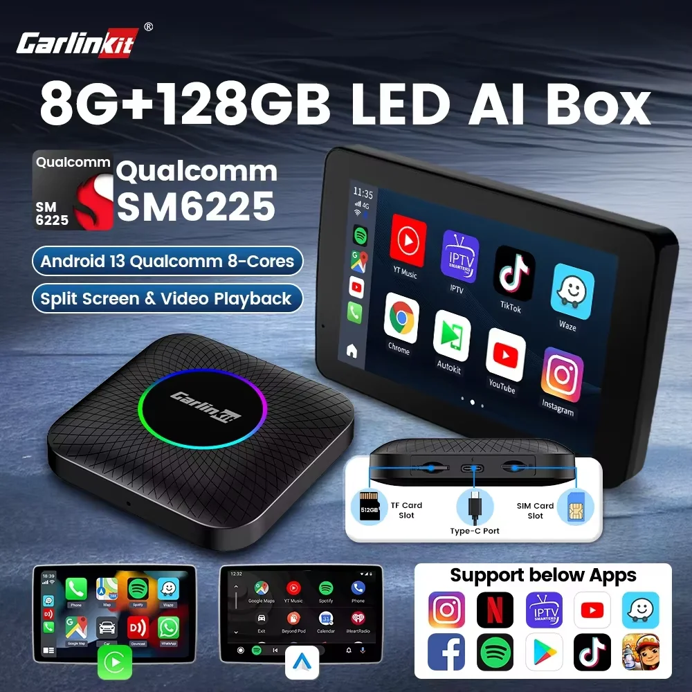 8GB+128GB CarlinKit CarPlay Ai Box LED Wireless Android Auto Android 13 TV Box Support YouTube IPTV GPS 4G LTE SIM 512GB TF Card