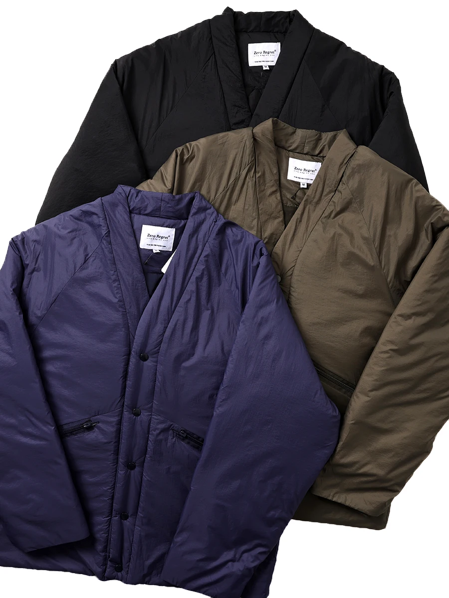 

Warm Cotton Jaet Men's Loose Fit V-Ne Lightweight Autumn Winter Coat Vintage Workwear No Collar Polyester Filling