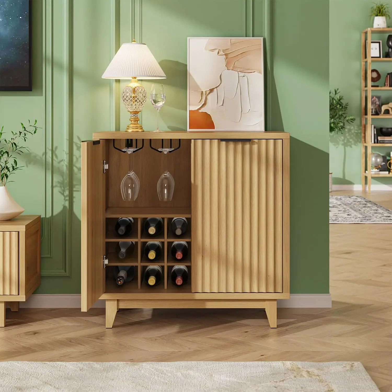 Fluted Coffee Bar Cabinet with Storage, Modern Sideboard Buffet Cabinet with Removable Wine Rack, Drawer, Adjustable Shelf