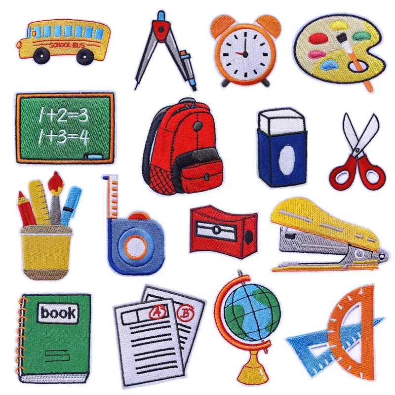 Cartoon Study Tools Embroidery Patch Pen Ruler Book School Supplies Iron on Appliques Opening Season Badge for Teachers Students