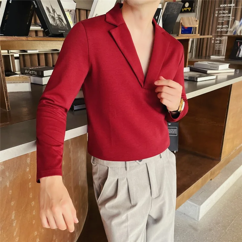 Men's Sexy Deep V-Neck Cuban Collar Shirt - Stylish Long Sleeve Solid Color Top for Autumn Nightclub & Party Wear