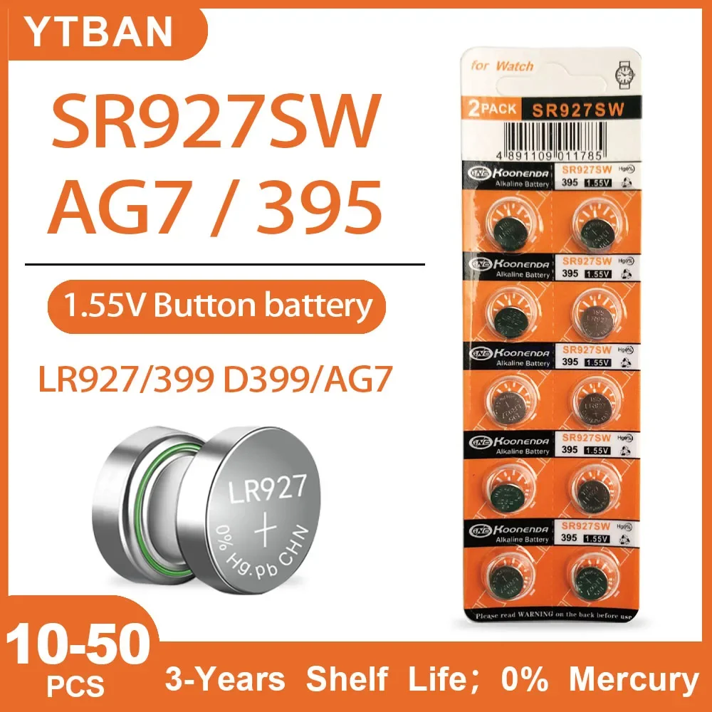 10-50PCS SR927W LR927 AG7 395 Button Pilas Batteries SR927 LR57 399 395A 1.55V Alkaline Coin Cell for Clock Watch Battery New