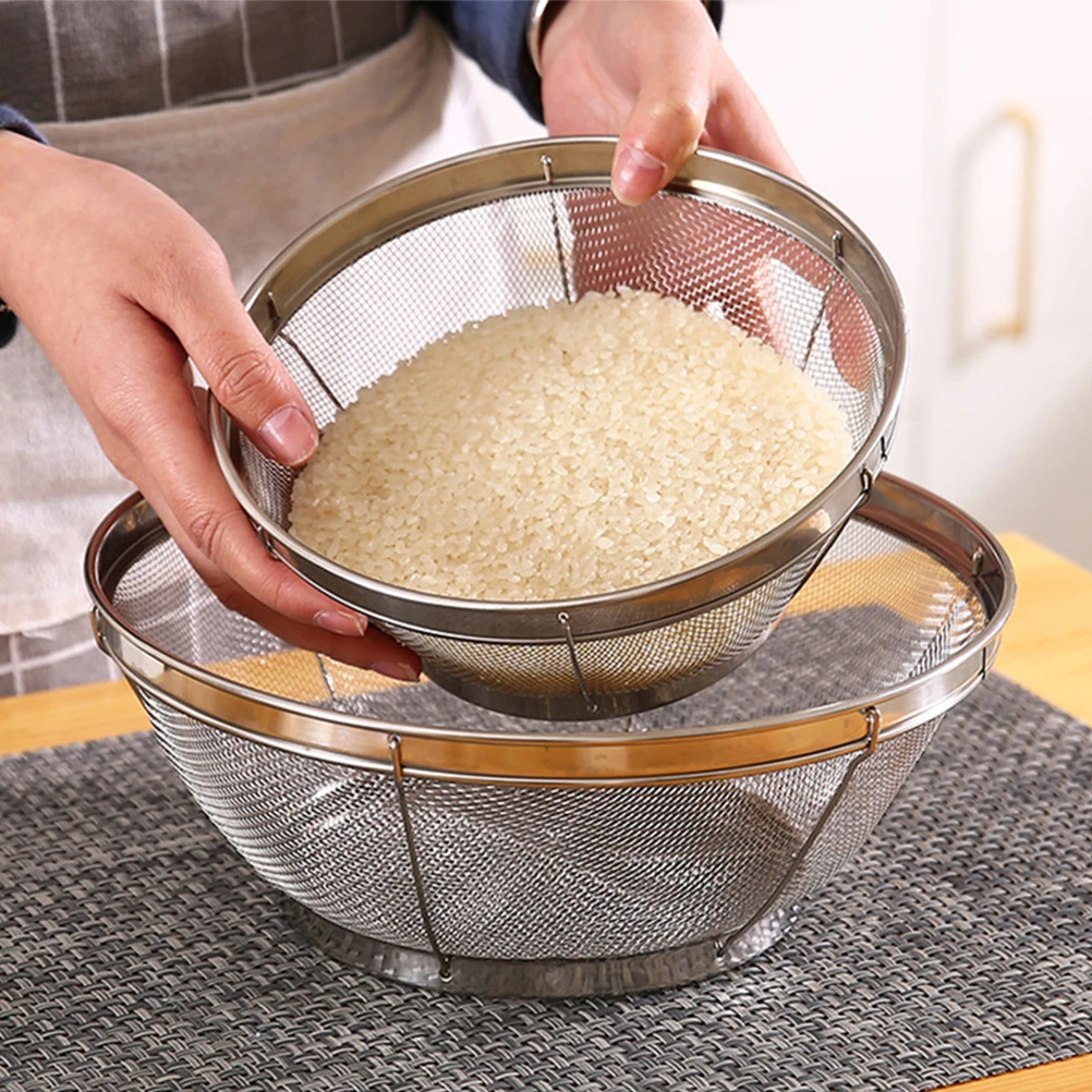 

2pcs Stainless Steel Rice Strainer Fine Mesh Kitchen Drain Basket Vegetable Fruit Washing Container Leak Proof Household