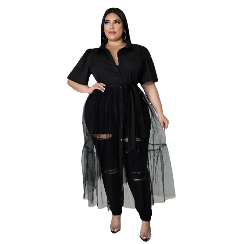 WSFEC XL-5XL Plus Size Dresses for Women 2023 Spring Summer Chiffon Short Sleeve Mesh Casual Shirt Dress Outfits Dropshipping