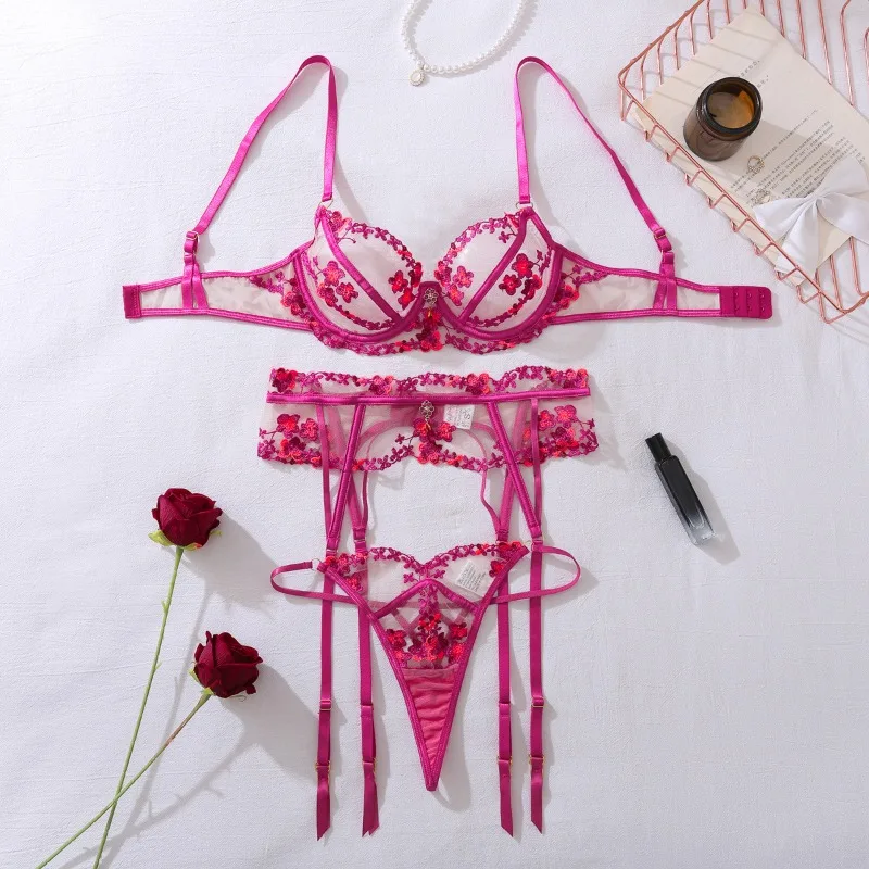 Sexy Embroidered Flower Lingerie Sets with Garter Belts 3-Pieces Sets Exotic Underwear Thin See Through Mesh Lace Bra and Panty